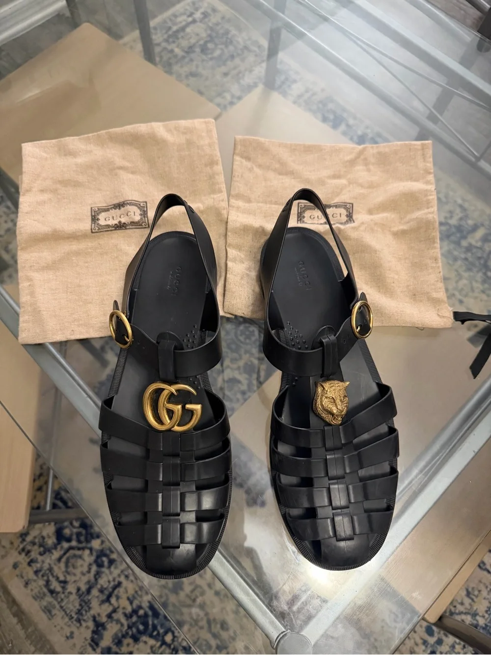 Gucci Black Jelly Fisherman Sandals with Gold GG & Cat Hardware